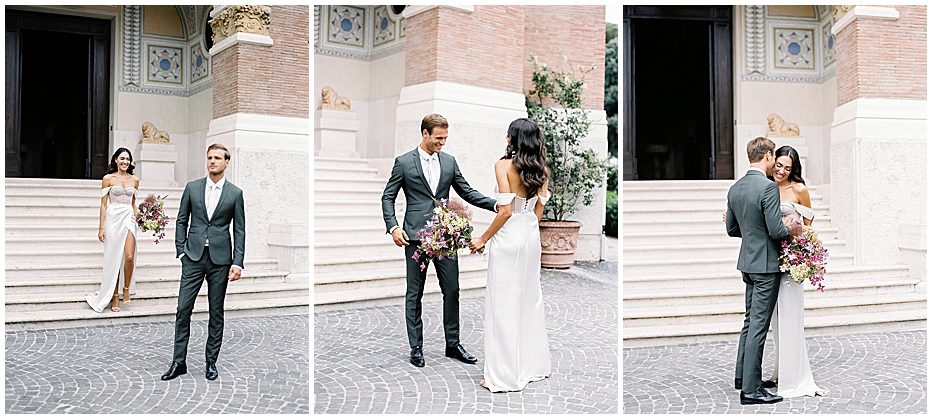 elopement in rome, italy wedding, elopement planner FGEvents at villa clara in rome first look moment
