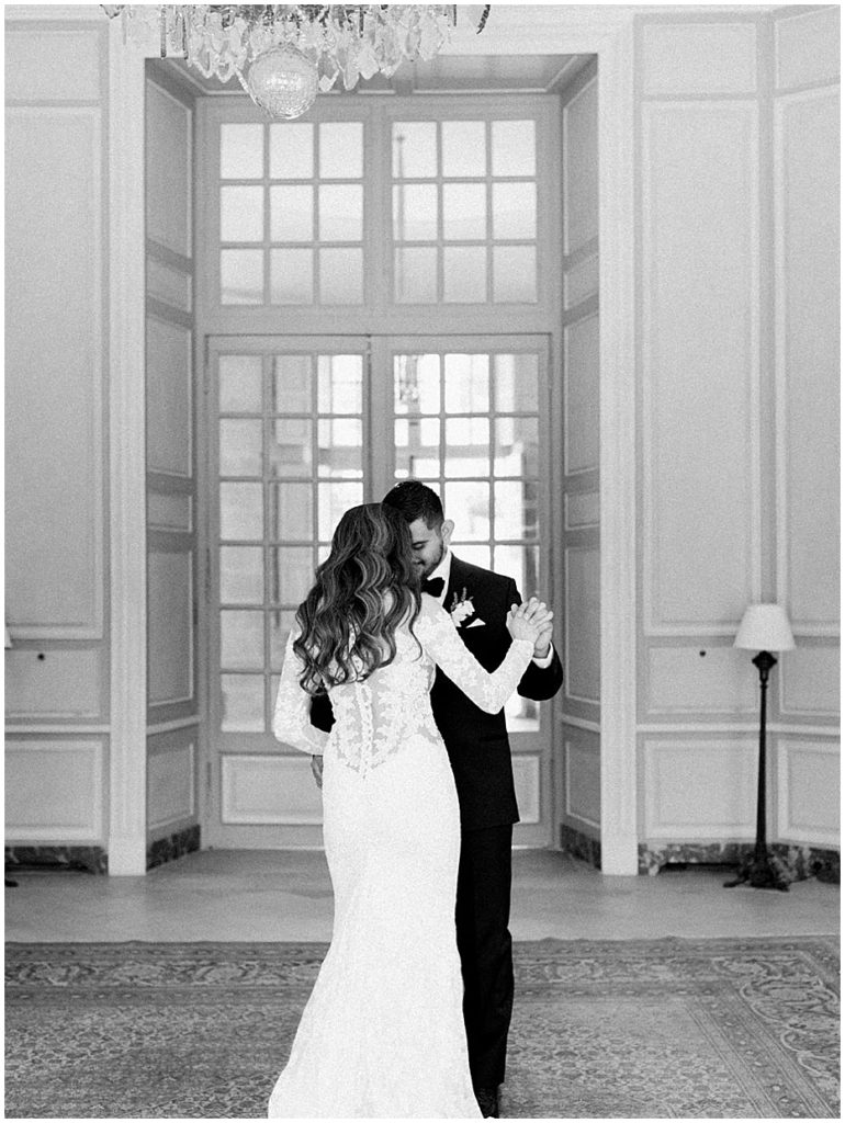 bride and groom at Chateau de Villette in Paris, France